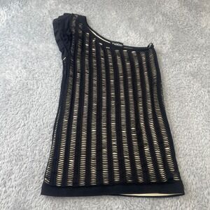 bebe One Shoulder Top Womens P/S Black Ruffle Laser Cut Bodycon Y2K Rocker‎